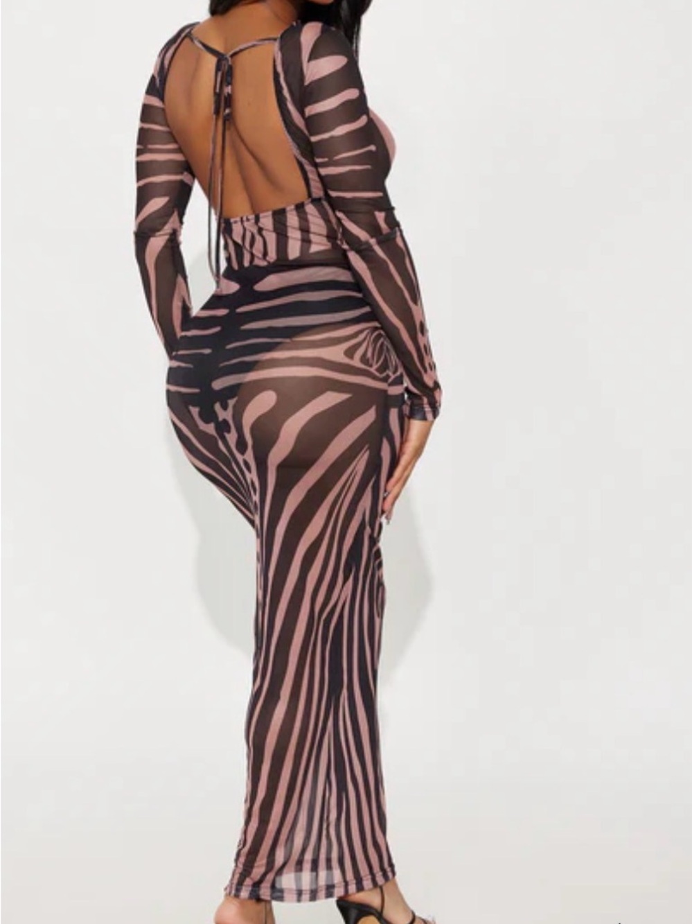 Fashion Nova Pink and Black Zebra-Print Sheer Backless Maxi Dress